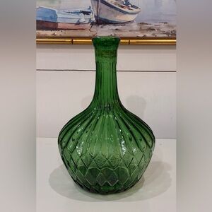 Italian Empoli Vintage Green Glass Decanter Bottle Ribbed Diamond 10.5"”